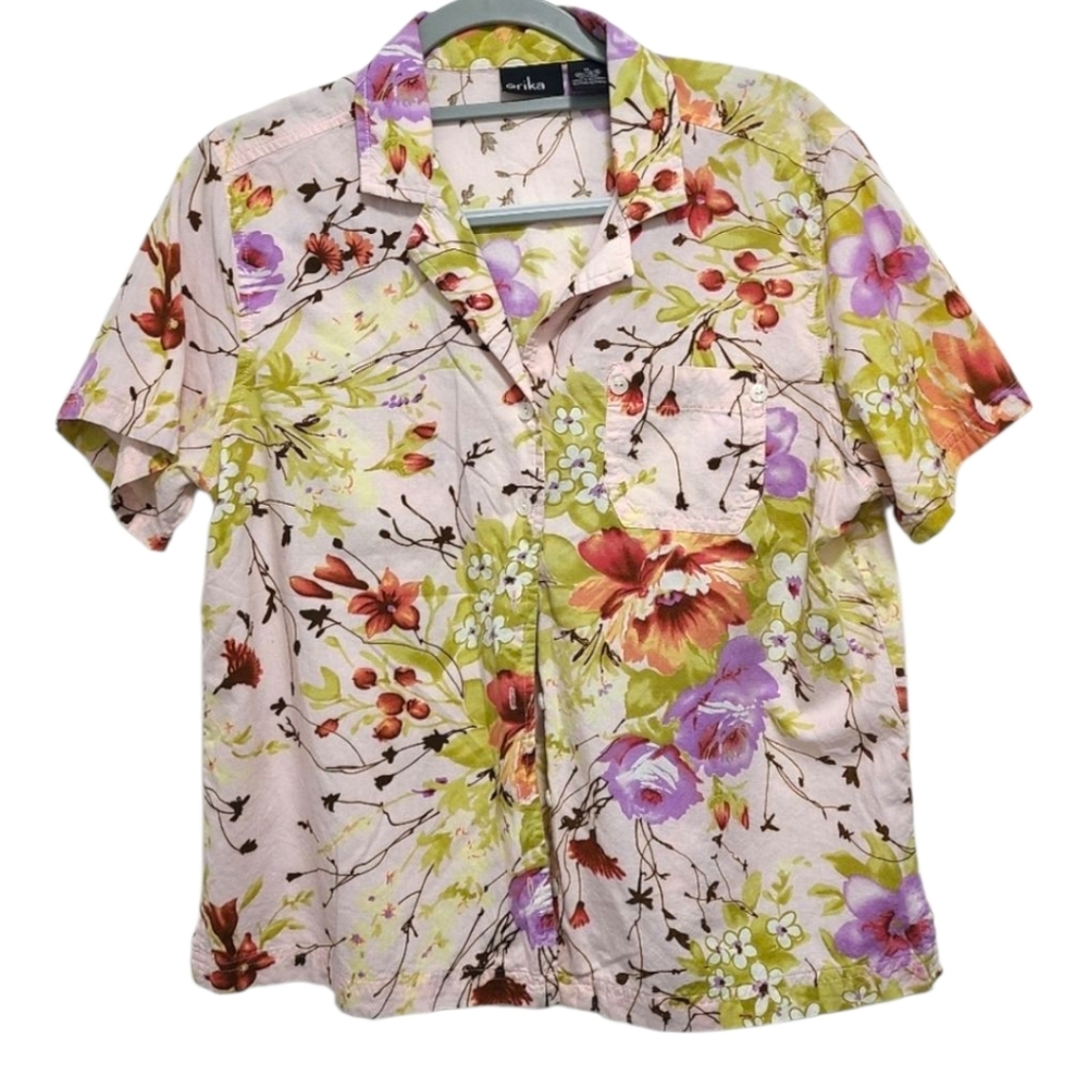 Vtg ERIKA‎ Floral Short Sleeve Button-Up Shirt SZ M Pastels